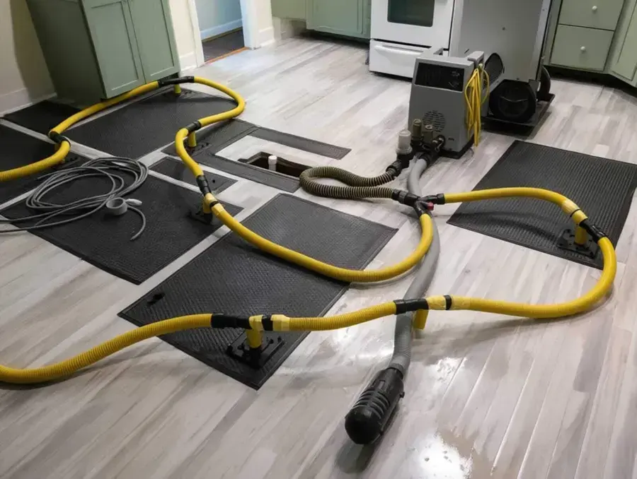 Floor drying mats and hoses pulling water out of a kitchen floor in Overland Park