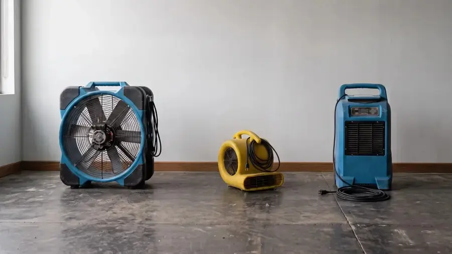Axial air mover and dehumidifier set up in an empty room in Overland Park