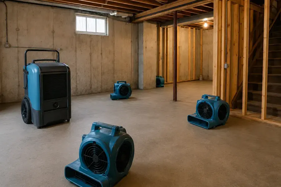 Dehumidifier and air movers drying an unfinished basement in Overland Park