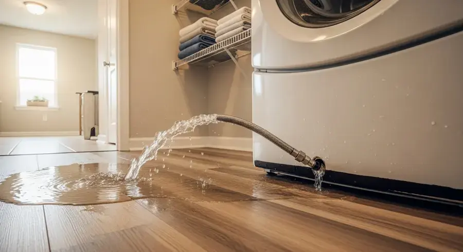 Water spraying from a failed appliance hose onto a floor