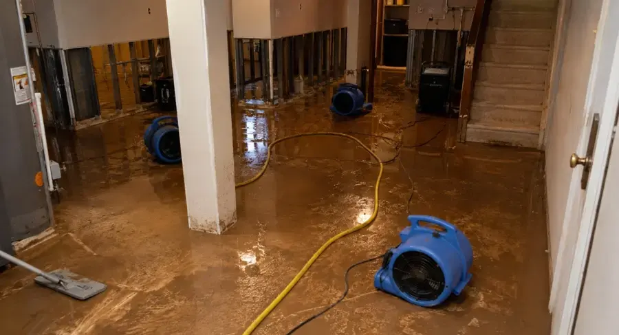 Flooded finished basement with an air mover running in Overland Park
