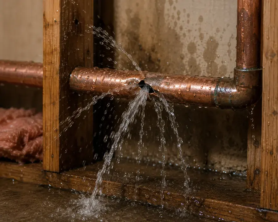 Burst supply pipe leaking water inside a wall in Overland Park
