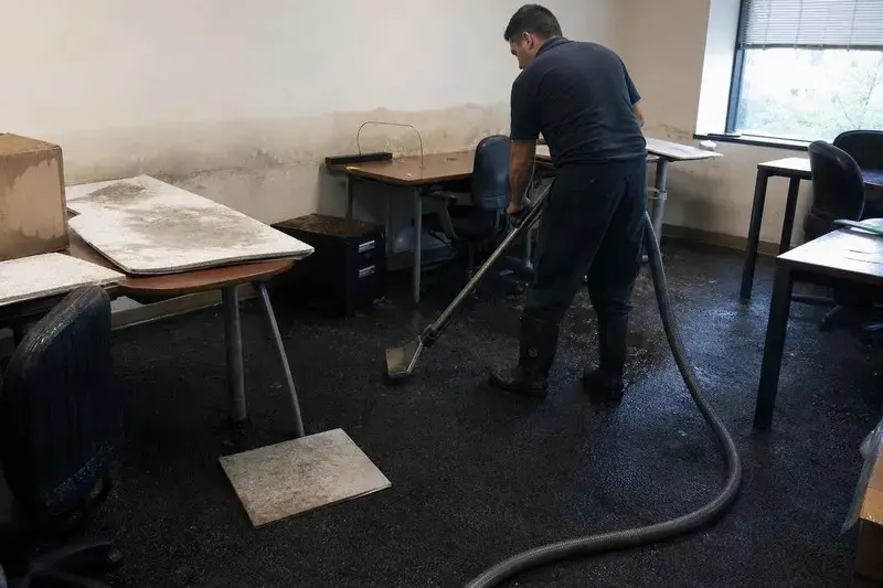Technician extracting water from office carpet in a commercial space
