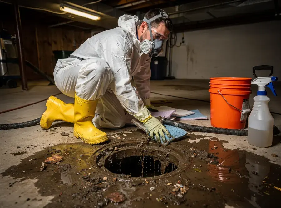 Sewer backup cleanup with protective gear in an Overland Park basement