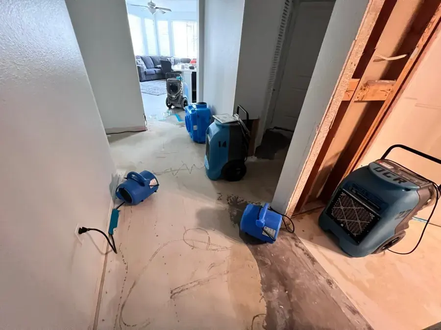 Air movers and a dehumidifier drying a room with opened walls