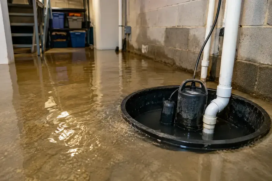 Sump pump pit and wet basement floor after a pump failure in Overland Park