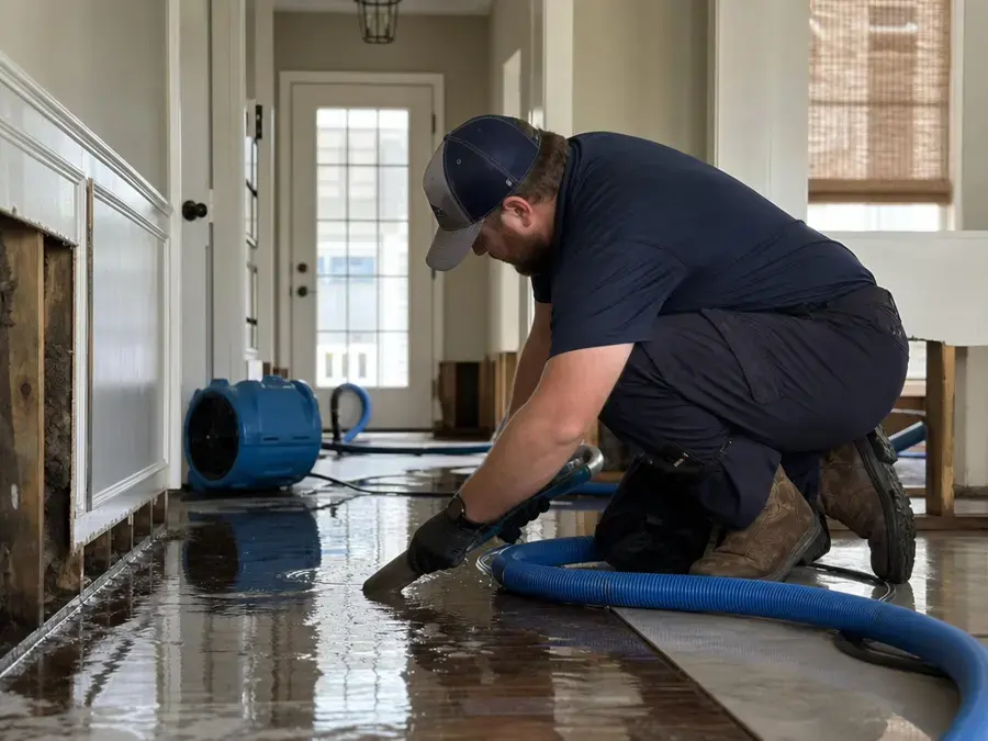 Extraction wand pulling standing water from carpet in an Overland Park home