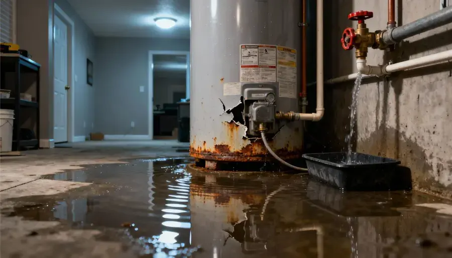 Leaking water heater flooding a basement utility room in Overland Park